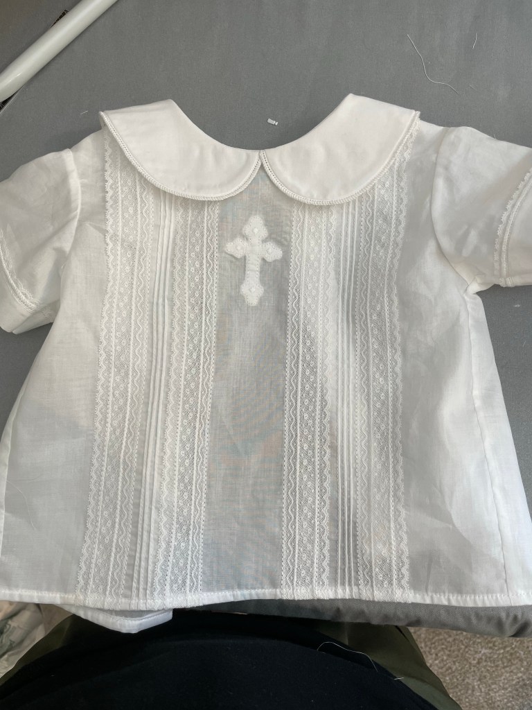 boys christening outfit embroidered cross lace pintucks
